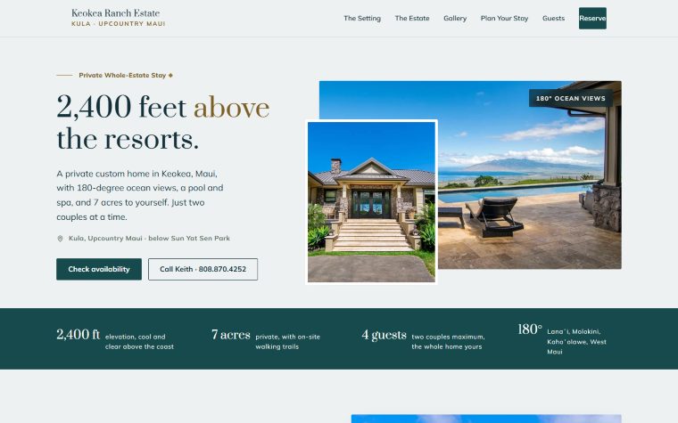 Keokea Ranch Estate website: an elegant vacation-rental design with ocean-view estate photos