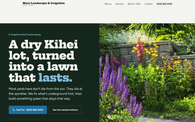 Maui Landscape and Irrigation website: a deep green design with a lush garden photo