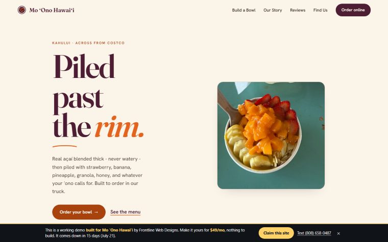 Mo Ono Hawaii website: a warm cream design with a piled acai bowl and the headline 'Piled past the rim'