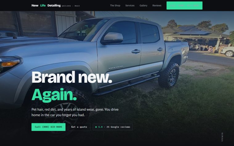 New Life Detailing website: a full-bleed photo of a detailed truck with the headline 'Brand new. Again.'