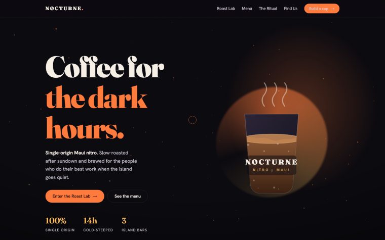 Nocturne coffee website: a dark design with a glowing nitro cold brew and the headline 'Coffee for the dark hours'