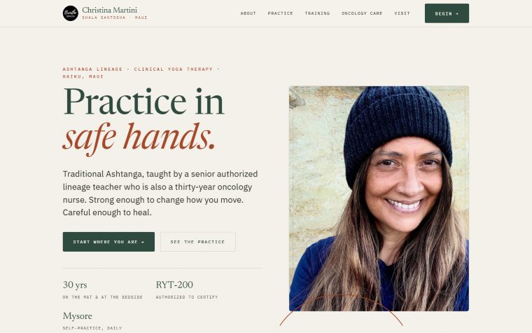 Christina Martini Yoga website: a warm editorial design with a portrait and the headline 'Practice in safe hands'